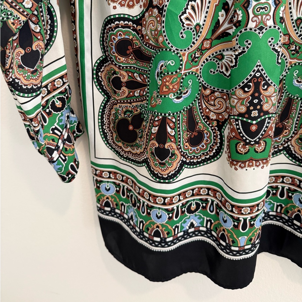 Zara Green Paisley Shirt Button Down Scarf Print Blouse Luxe Boho luxury | M - Picture 10 of 12